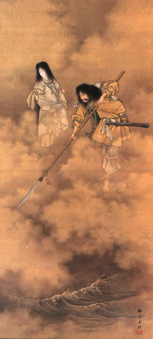 Izanagi and Izanami stand on the Floating Bridge of Heaven, by Eitaku Kobayashi, 19th century